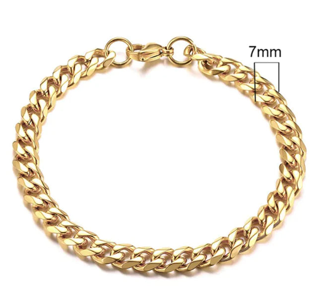 Pulsera de Cadena Cubana Chapada en Oro de Acero Inoxidable para Hombres, Seis Lados 3-11mm