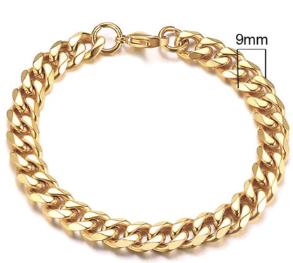 Pulsera de Cadena Cubana Chapada en Oro de Acero Inoxidable para Hombres, Seis Lados 3-11mm