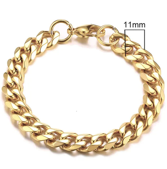 Pulsera de Cadena Cubana Chapada en Oro de Acero Inoxidable para Hombres, Seis Lados 3-11mm